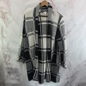 J Jill Cardigan Womens Medium Black White Sweater Open Front Plaid Windowpane